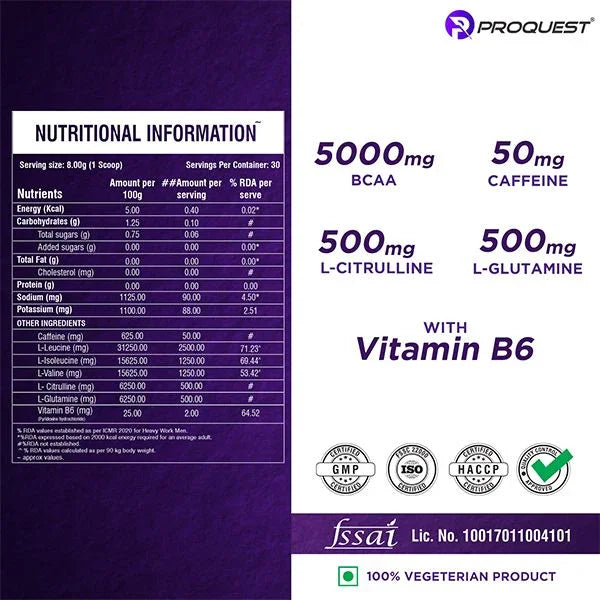 PROQUEST NUTRITION BCAA 5000, 5G BCAAS IN 2:1:1 OPTIMAL RATIO (240g, 30 SERVING) LEMON ZIST FLAVOUR