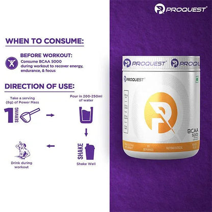 PROQUEST NUTRITION BCAA 5000, 5G BCAAS IN 2:1:1 OPTIMAL RATIO (240g, 30 SERVING) LEMON ZIST FLAVOUR