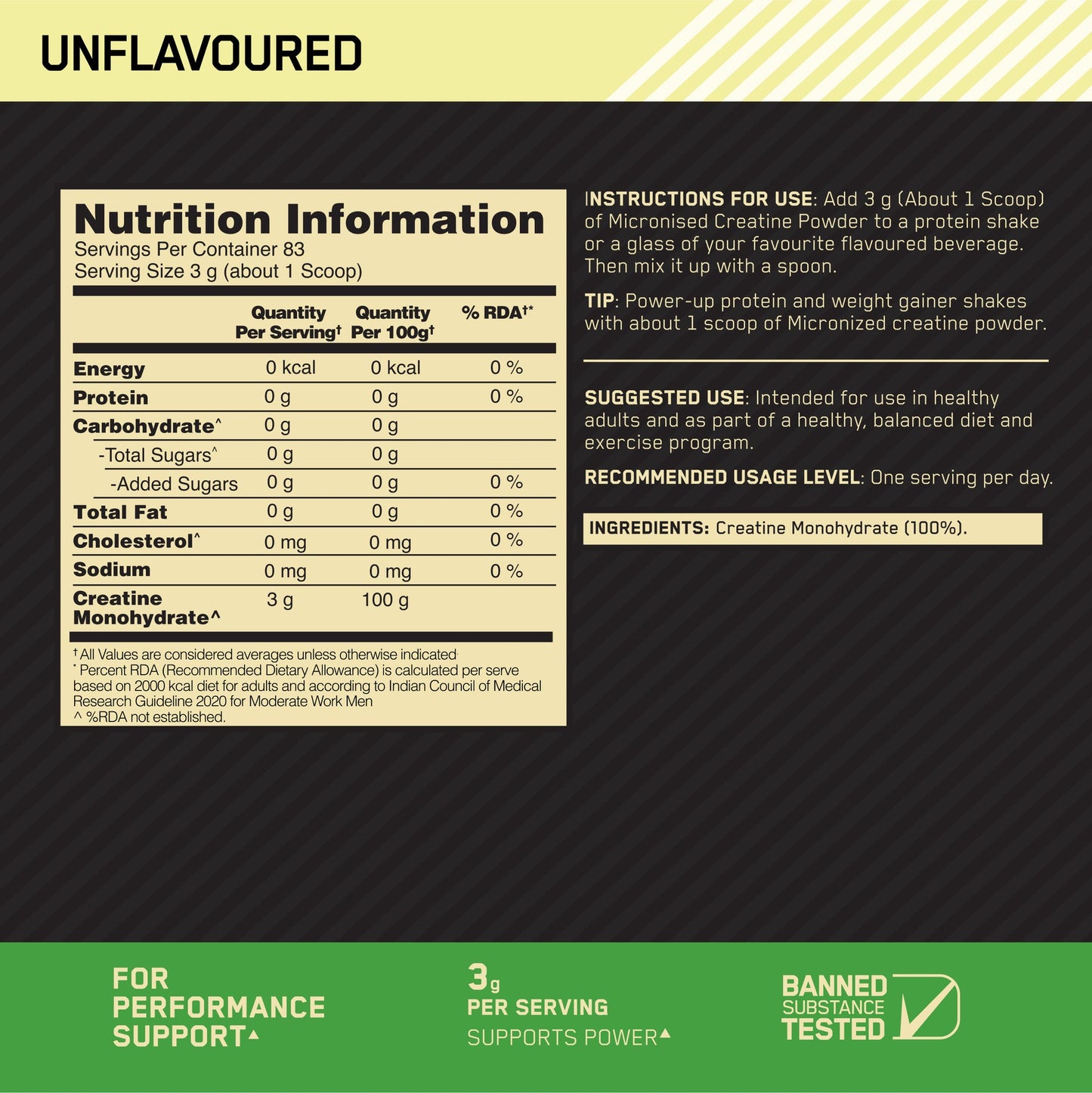 Optimum Nutrition (ON) Micronized Creatine Powder - 250 Gram, 83 Serves, 3g